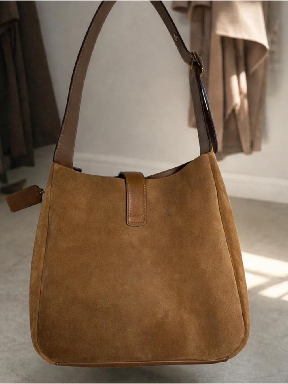 Coach Suede Hobo Shoulder Bag in Tan and Brown - Picture 3 of 8